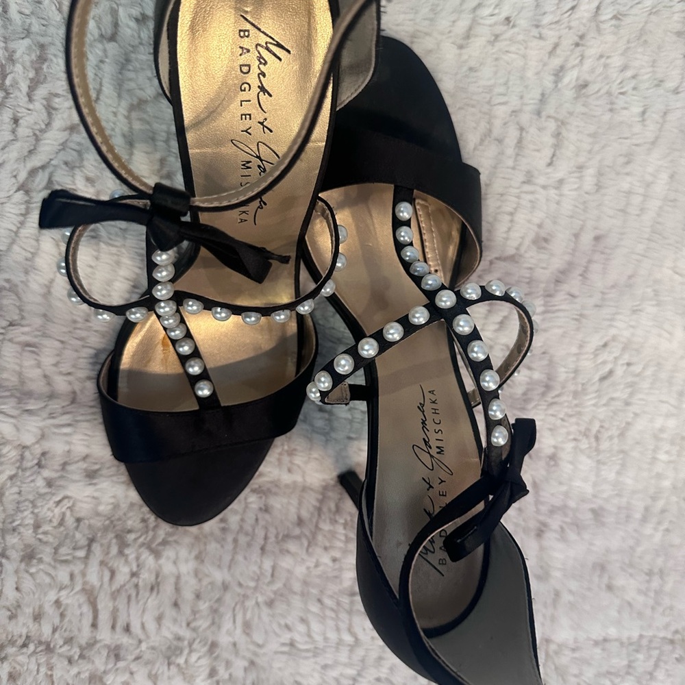 Badgley Mischka Black Stiletto Heels with Pearl Embellishments